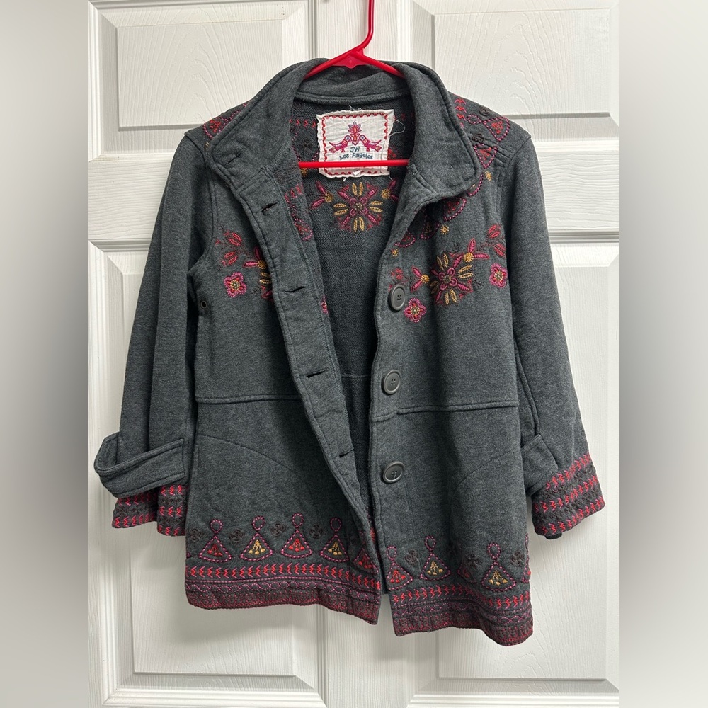 Johnny Was Embroidered Gray Jacket with Pink Accents Oversized